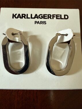 NWT Karl Lagerfeld Signature signed Silver-Tone Oval Hoop Earrings